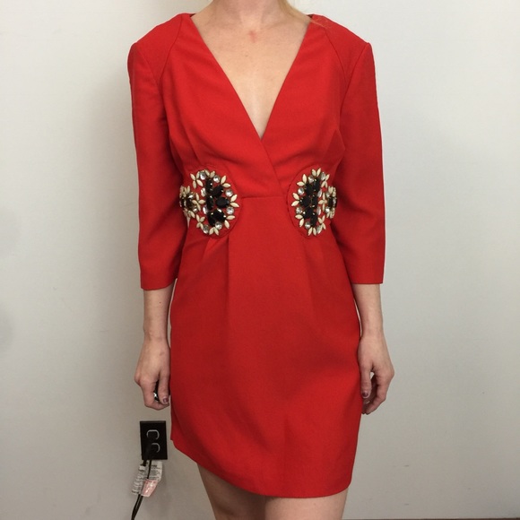 KARTA Dresses & Skirts - KARTA Red Party Heavy Beaded Gem Mini V-neck Dress